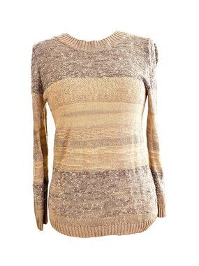 Lafayette 148 Sweater Medium Long Sleeve Hemp Blend Knit Beige Gray Striped EUC!